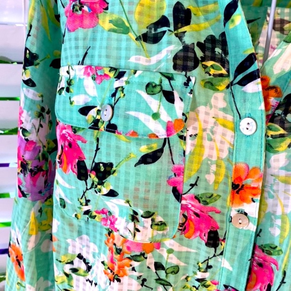 Mint green gingham print pastel floral colors top
